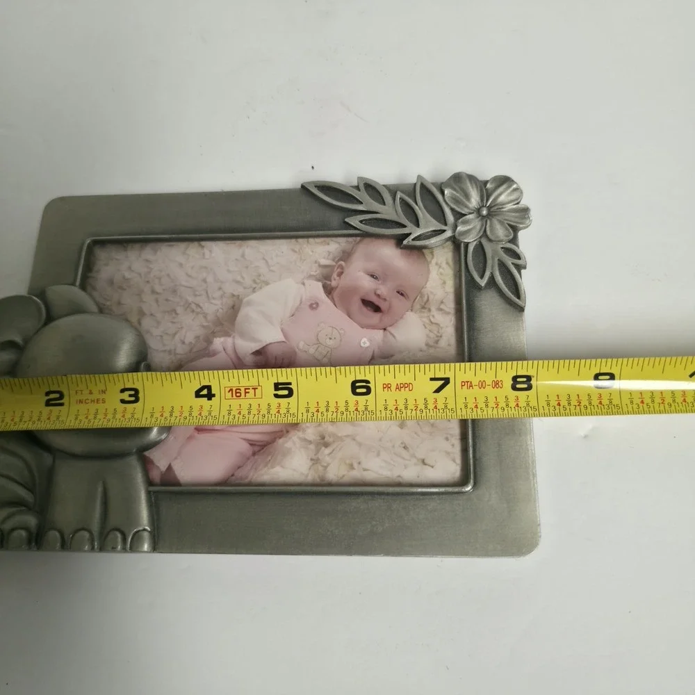 Vintage Fetco Metal Baby Picture Frame 4x6 Elephant Flower Silver Pewter Finish